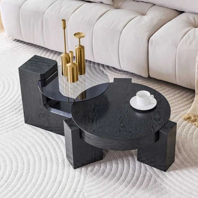 COVREO Salontafel set van 2 rond 61 cm zwart, glas en MDF, afneembaar
