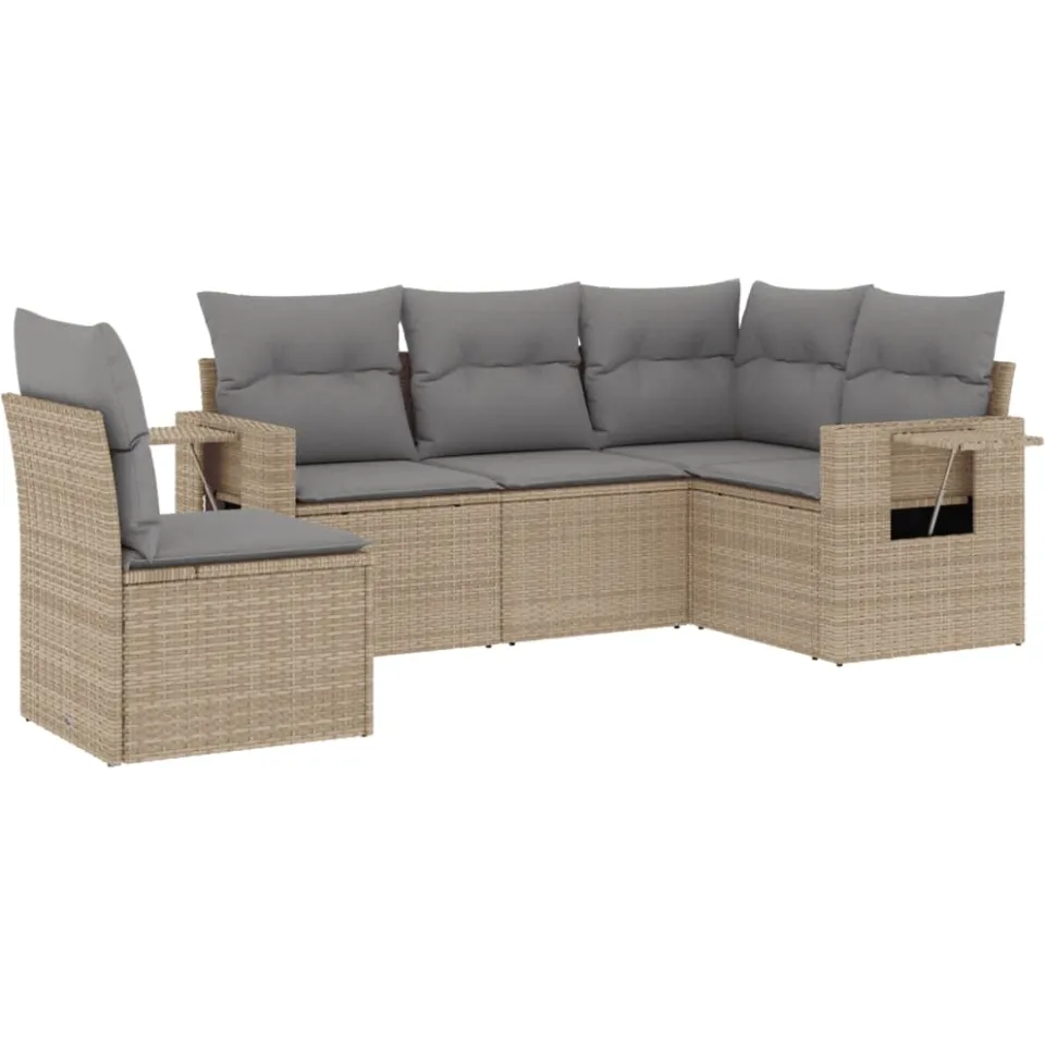 vidaXL 5-delige Loungeset met kussens poly rattan beige, foto 3