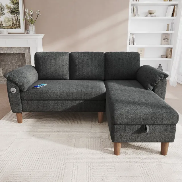 VVBV Hoekbank 181x125x88 cm - Opbergruimte, Modulair, USB-C, Chenille, Met Hocker - Donkergrijs, Chenille