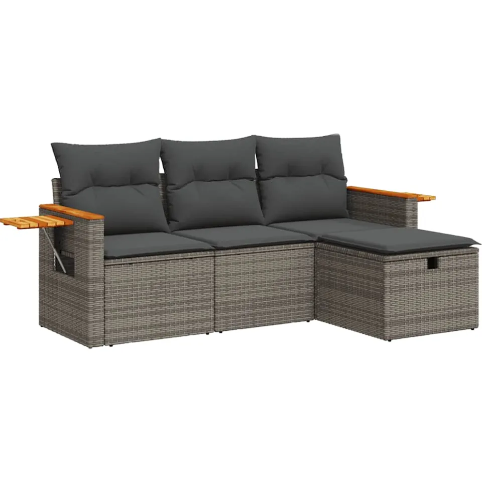 vidaXL 4-delige Loungeset met kussens poly rattan grijs, foto 3