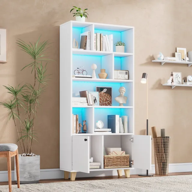 HAUSS SPOLE Boekenkast - Met Ledverlichting En 2 Deuren - Voor Woonkamer En Werkkamer - Massief Hout En MDF - 80x30x173 Cm Wit