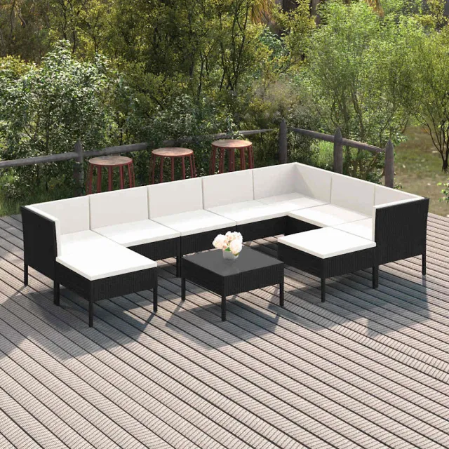 vidaXL 10-delige Loungeset met kussens poly rattan zwart, foto 2