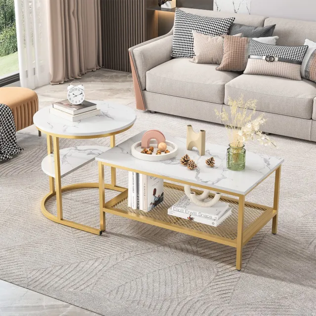 ROSAHQNDA 2-in-1 in elkaar passende salontafel, set van 2, moderne salontafel met marmerpatroon, salontafel voor woonkamer, balkon en kantoor, bijzettafelset met metalen frame (wit + goud)