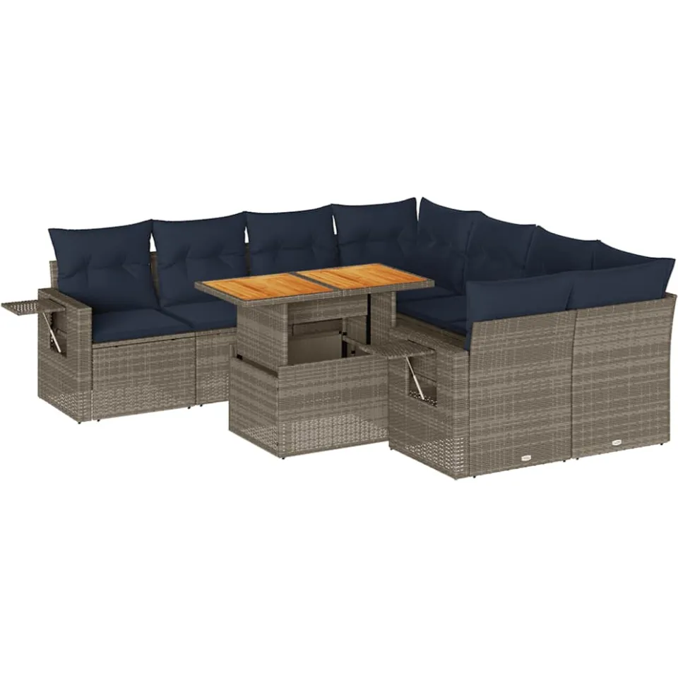 vidaXL 9-delige Loungeset met kussens poly rattan grijs, foto 3