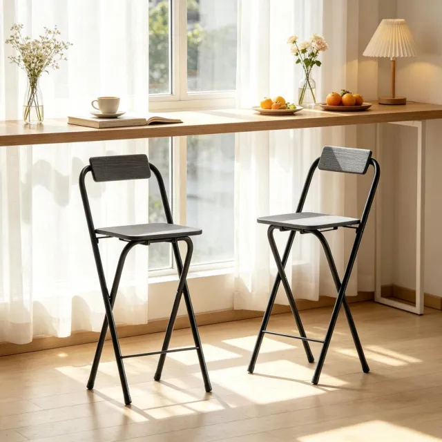 OKWISH Barkruk 87 Cm - Klapbaar Met Rugleuning En Voetsteun - Set Van 2 Voor Kleine Keukens Of Bar - MDF En Staal - Zwart