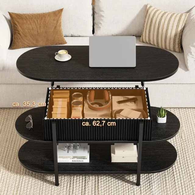 FABATO CT019-Ovale Salontafel-Zwart-In Hoogte Verstelbaar-Verborgen Opbergruimte-3 Etages-Schwarz