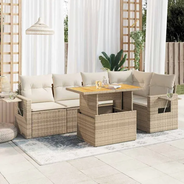 vidaXL 6-delige Loungeset met kussens poly rattan beige, foto 2
