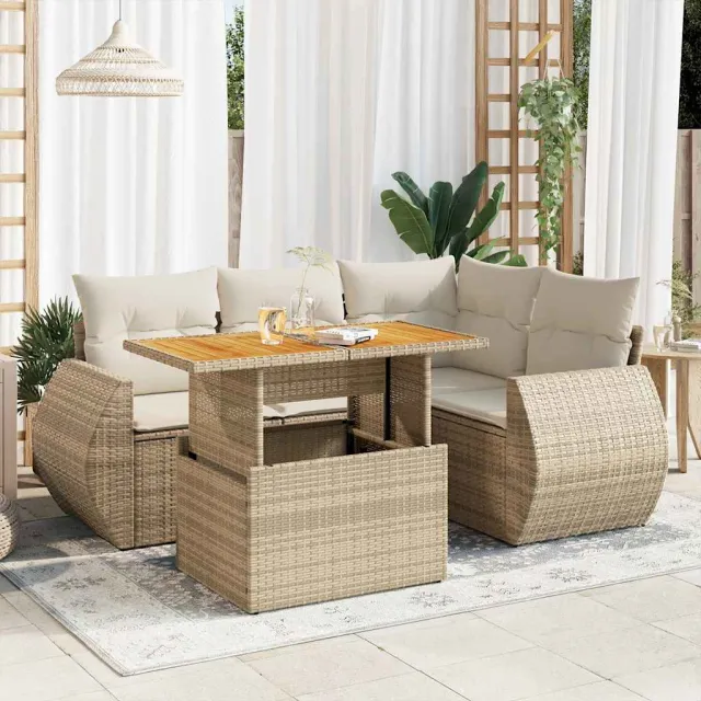 vidaXL 5-delige Loungeset met kussens poly rattan beige, foto 2