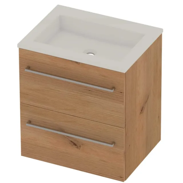 Basic-Line Aura 46 Badmeubelset Acryl Zonder Kraangat Voor Grepen 60x46x62 cm Whisky Oak Glans Wit