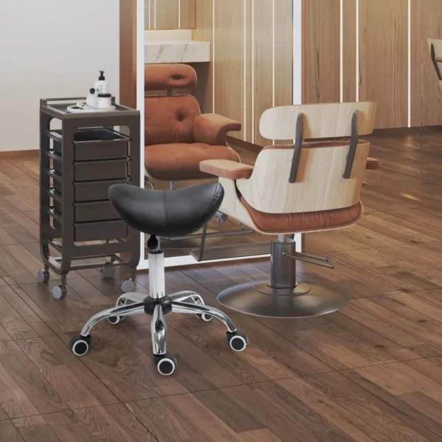 MEUNIQ Bureaukruk zadelkruk verstelbaar 49-61 cm draaibaar met 5 wielen zonder armleuningen kunstleer zwart voor bureau, salon en cosmetische werkplek
