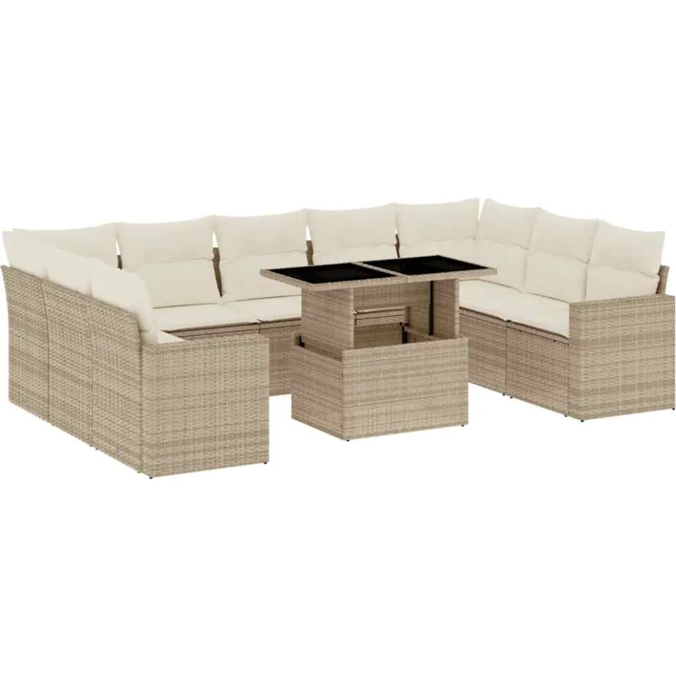 vidaXL 10-delige Loungeset met kussens poly rattan beige, foto 3