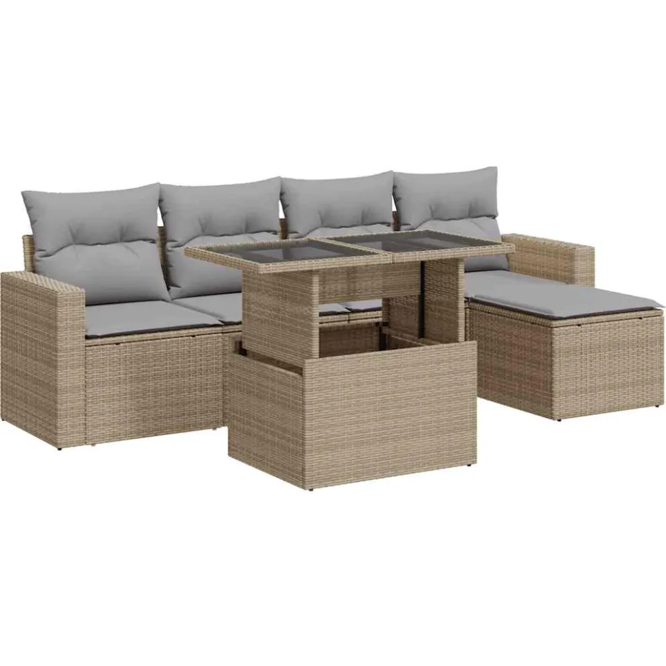 vidaXL 6-delige Loungeset met kussens poly rattan beige, foto 3