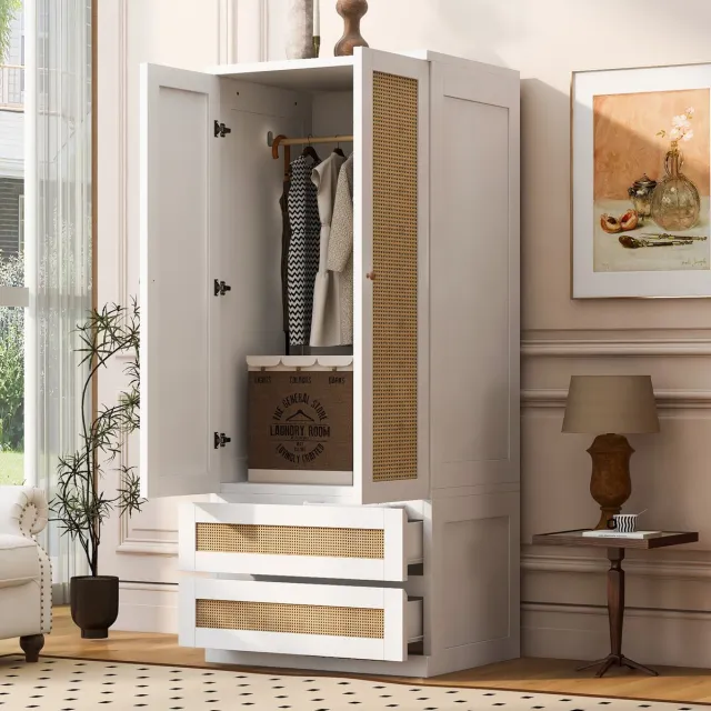 OKWISH Kledingkast - Dubbele Deuren Met 2 Lades - 70 x 55 x 170 cm - Veel Opbergruimte Voor Slaapkamer Of Kleedkamer - Hout Wit