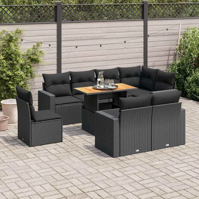 vidaXL 9-delige Loungeset met kussens poly rattan zwart, foto 2
