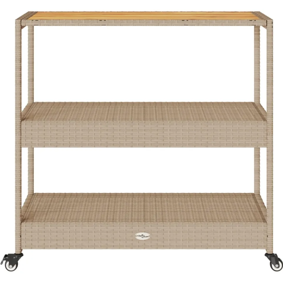 vidaXL Keukentrolley 3-laags poly rattan en massief acaciahout beige, foto 4