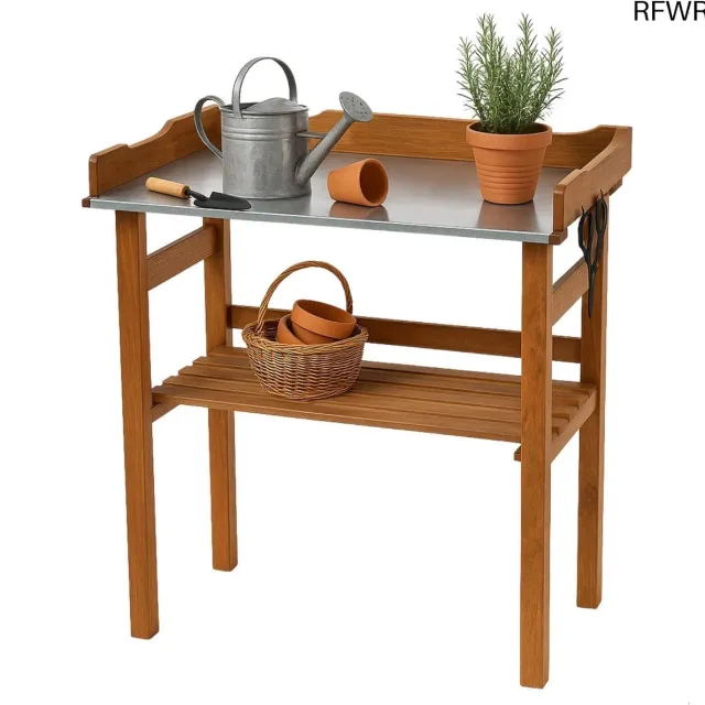 RFWR Oppottafel Hout voor de Tuin en Balkon - Weerbestendige Plantentafel met Verzinkt Werkblad
