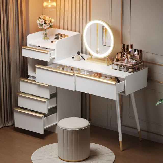MEUNIQ Kaptafel met uitschuifbaar tafelblad, LED-spiegel met dimbaar licht en 3 lichtkleuren, 6 lades, open vak en goudkleurige handgrepen, wit