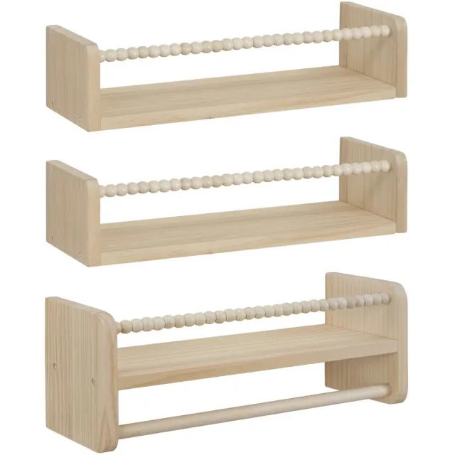 Klarven Zwevende Wandplank 60x15x14cm - Montessori Boekenkast - Zwevende Kast, Ruimtebesparend, Rand Valbescherming, Draagkracht 20 kg per Schap - Set van 3 - B 40 x H 15 x D 14 cm natuurlijk hout