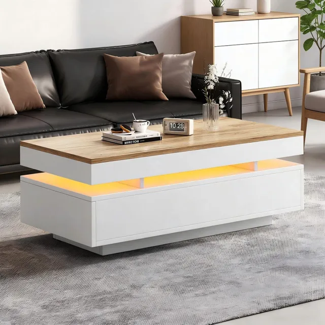 KOMHTOM BLACKCOLORS 100 x 50 x 35 cm Salontafel met 2 lades, bijzettafel met LED-verlichting, theetafel, salontafel, salontafel, koffietafel, wit + houtkleur Wit, hout