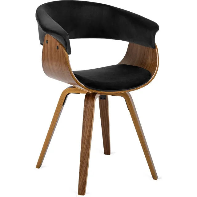 Mebel Elite Ohio 2 - Eetkamerstoel - Zwart fluweel - Notenhouten frame - Met armleuningen Zwart;Bruin