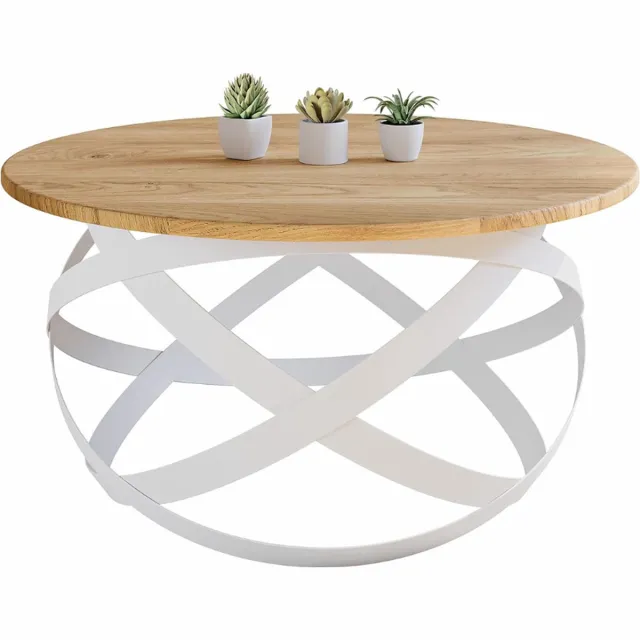 PEAM Handgemaakte Ronde Salontafel Van Massief Natuurlijk Eikenhout – Modern En Minimalistisch Industrieel Design - Ø70x40 Cm WIT