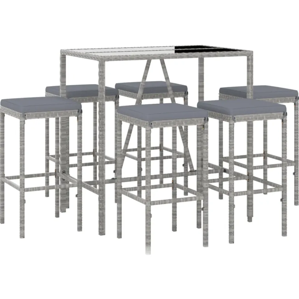vidaXL 7-delige Tuinbarset met kussens poly rattan grijs