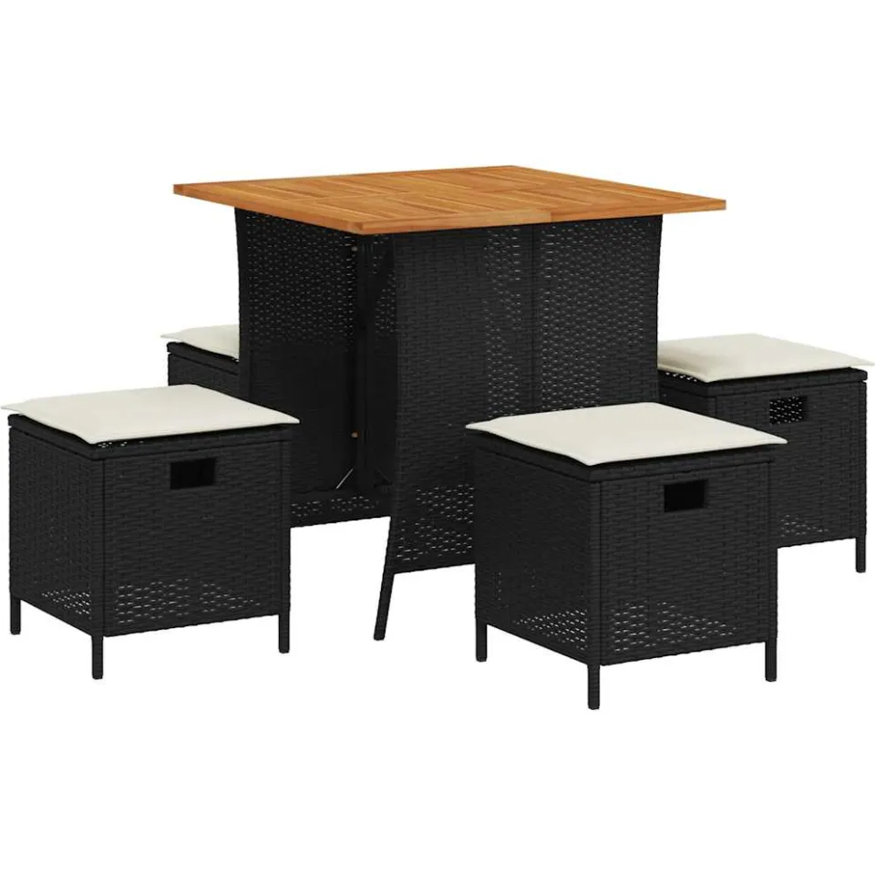 vidaXL 5-delige Tuinset met kussens poly rattan zwart