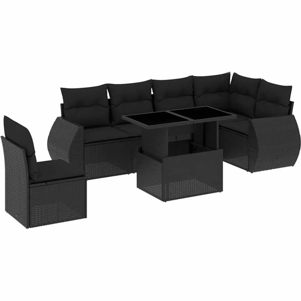vidaXL 7-delige Loungeset met kussens poly rattan zwart, foto 3