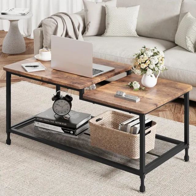 Danky Industriële Salontafel - 100 cm - Rustiek Bruin & Zwart Metaal - 2 Niveaus met Gaasrooster - Robuuste Salontafel voor Woonkamer & Kantoor
