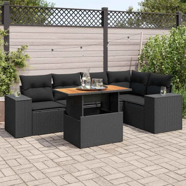 vidaXL 6-delige Loungeset met kussens poly rattan zwart, foto 2