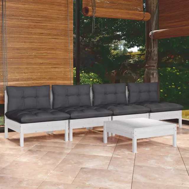 vidaXL 5-delige Loungeset met antracietkleurige kussens grenenhout Wit