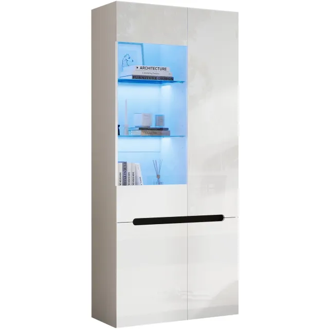 Welltin Vitrinekast 80 x 35 x 180 cm - 4 glazen deuren - 8 vakken - LED-verlichting - Hoogglans - Wit