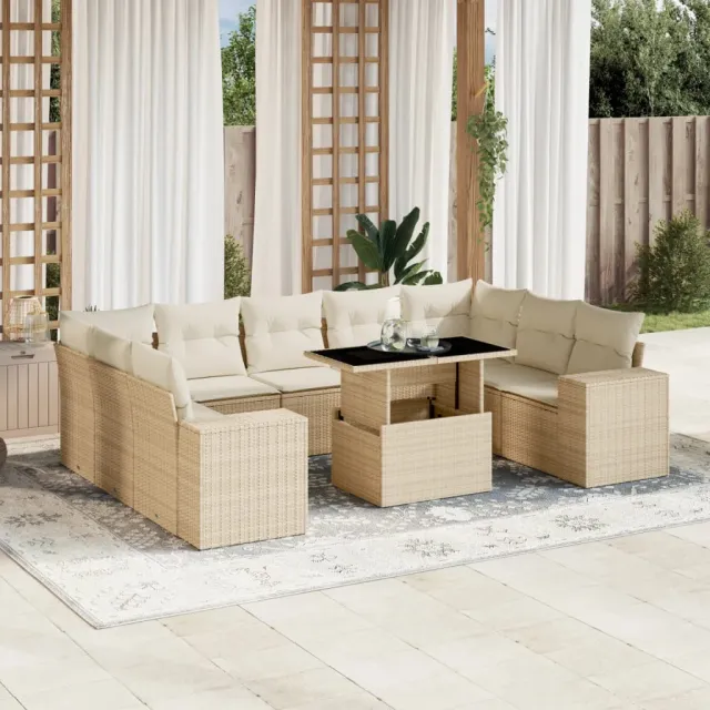 vidaXL 10-delige Loungeset met kussens poly rattan beige, foto 2
