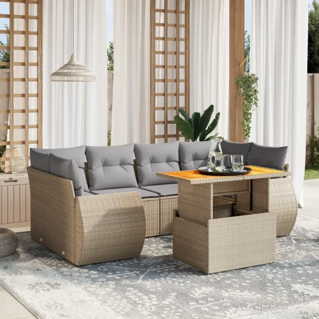 vidaXL 7-delige Loungeset met kussens poly rattan beige, foto 2