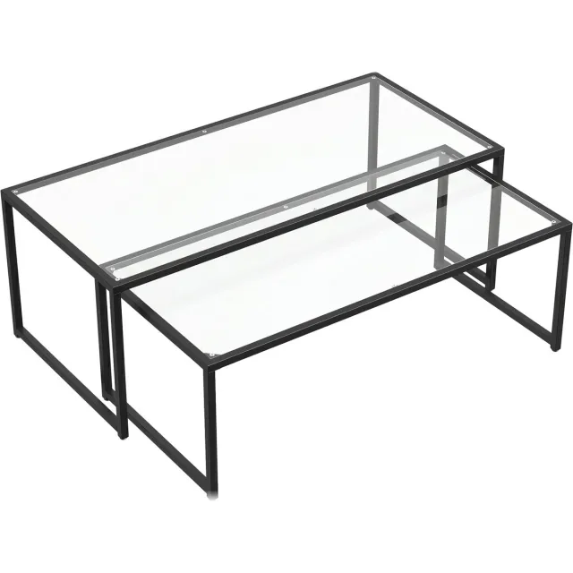 Homona 2-delige salontafelset - Met glazen blad en stalen frame - Stapelbaar - 119 x 56 x 44,5 cm en 109 x 50,5 x 39 cm - Zwart