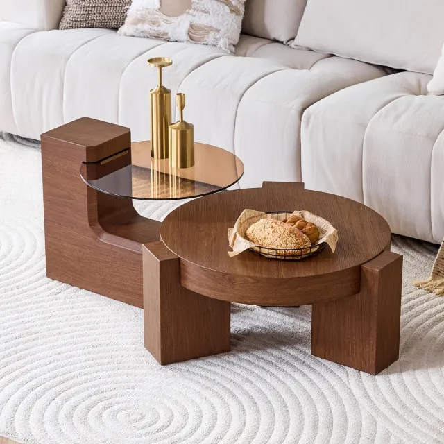DESMIU Ronde Salontafelset Met Tweelaags Ontwerp, Los Of Samen Te Gebruiken Voor Woonkamer, Balkon En Slaapkamer, Nootkleurig MDF En Bruin Glas, 61 En 44 Cm Notenhout
