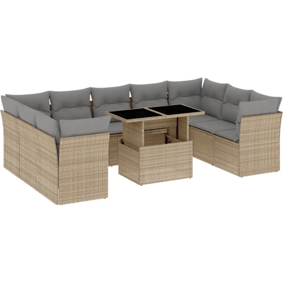 vidaXL 10-delige Loungeset met kussens poly rattan beige