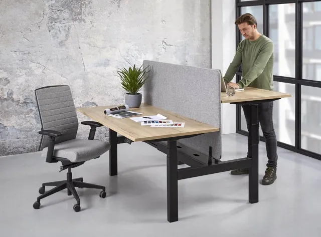 ABC Kantoormeubelen Duo bench elektrisch verstelbaar zit/sta bureau Teez breed 120CM diep 80/80CM bladkleur Licht Eiken framekleur Zwart (RAL9005) Zwart (RAL9005)/Licht Eiken