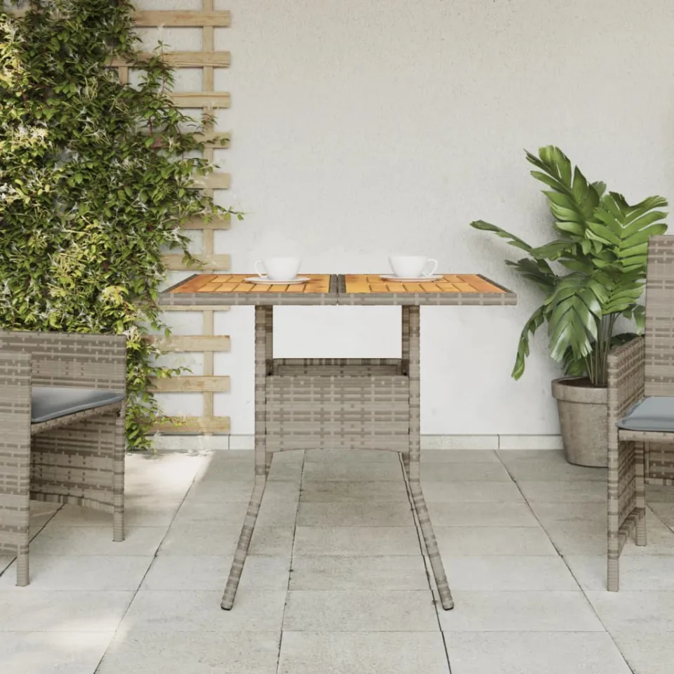 vidaXL Tuintafel met acaciahouten blad 80x80x75 cm poly rattan grijs, foto 3