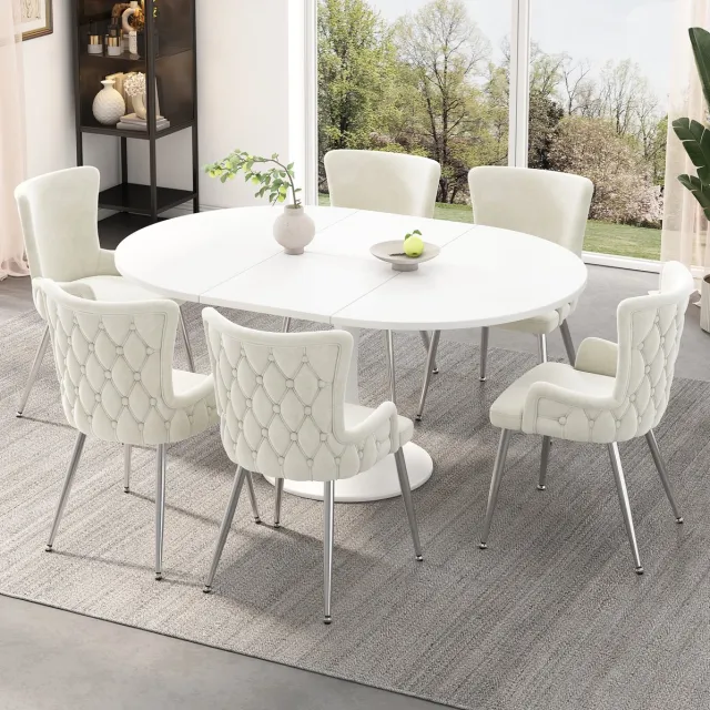 MIVRAY Eetkamerstoel Set Van 6 - Met Armleuningen En Gestikt Patroon - Fluweel - Beige