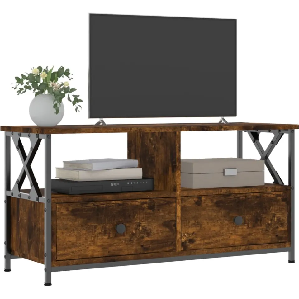 vidaXL Tv-meubel 90x33x45 cm bewerkt hout en ijzer gerookt eikenkleur, foto 3