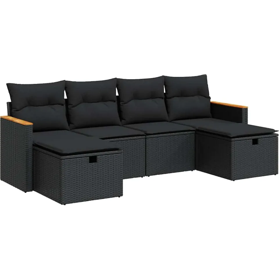 vidaXL 6-delige Loungeset met kussens poly rattan zwart, foto 3