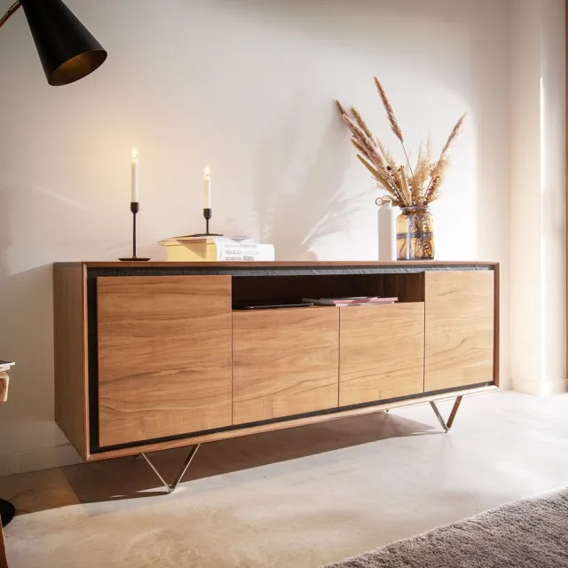 DELIFE Dressoir Stonegrace 175 cm Acacia natuur 4 deuren 1 legplank steenfineer V-voet Bruin