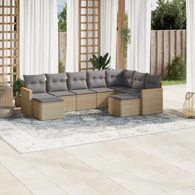 vidaXL 9-delige Loungeset met kussens poly rattan beige, foto 2