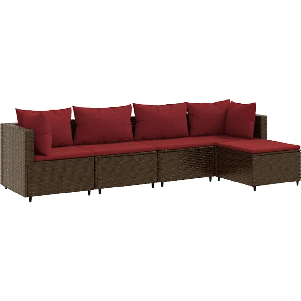 vidaXL 5-delige Loungeset met kussens poly rattan bruin, foto 3