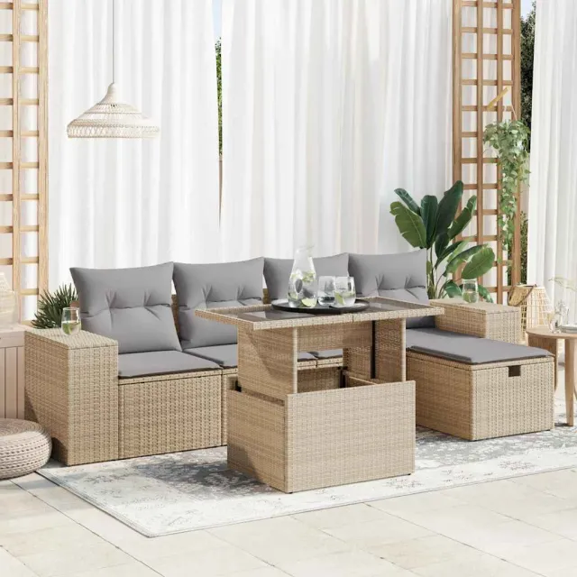 vidaXL 6-delige Loungeset met kussens poly rattan beige, foto 2