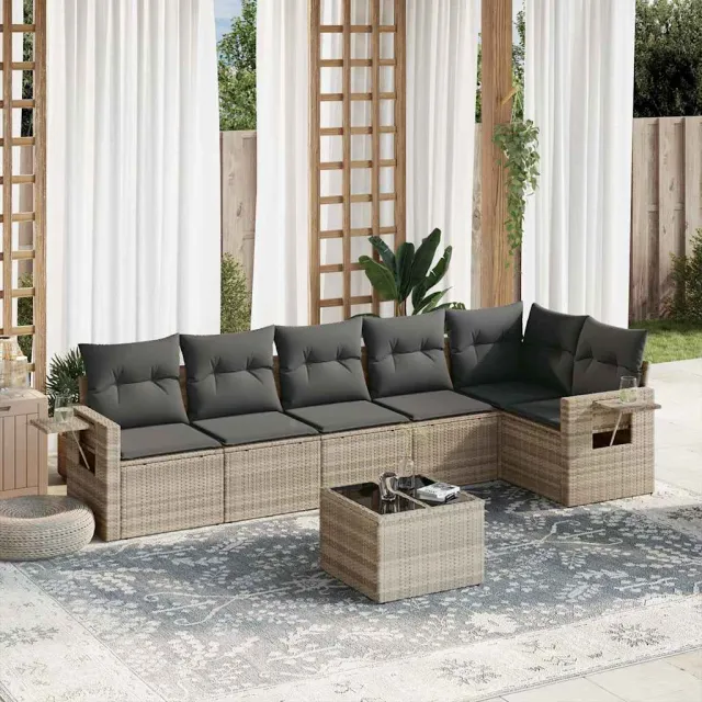 vidaXL 7-delige Loungeset met kussens poly rattan lichtgrijs grijs, foto 2