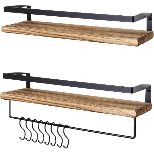LifeGoods Zwevende Wandplank - 2 Stuks - 41cm - Handdoekhouder en 8 Haakjes - Industrieel - Hout - Bruin/Zwart