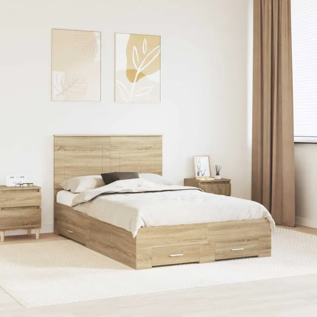 vidaXL Bedframe met lade Sonoma Eiken 135 x 190 cm Bewerkt hout Bruin