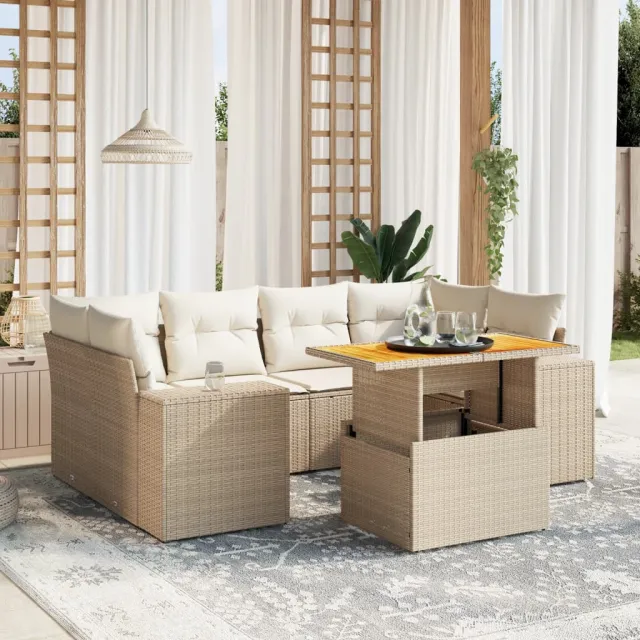vidaXL 7-delige Loungeset met kussens poly rattan beige, foto 2